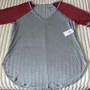 Torrid Gray V-Neck Raglan Top with Red Sleeves